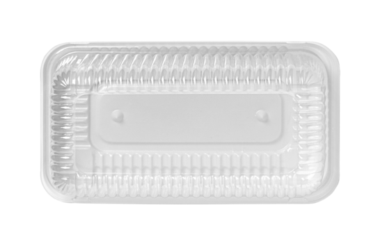 Empty rectangular plastic food container with lid, top view