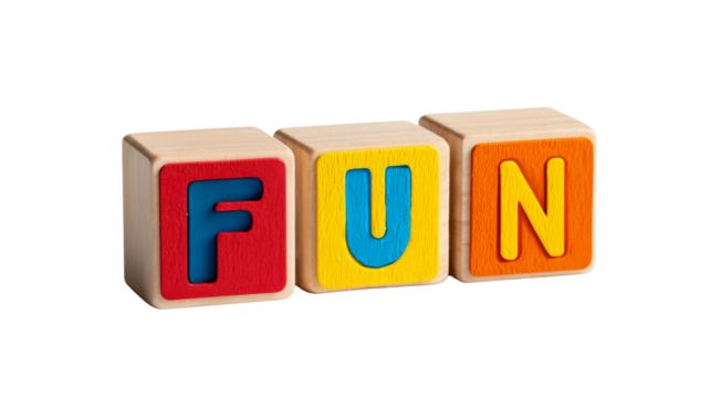 Fun spelling wooden toy blocks against transparent background.