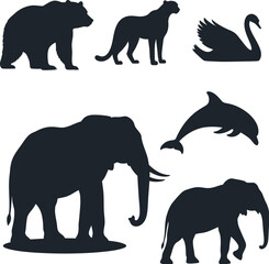 Silhouette Collection of Animals Including Elephants Bear Swan and Dolphin elephant silhouette bear silhouette