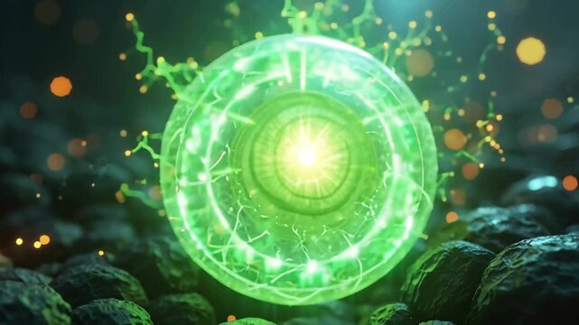 Tesseract core pulses; green waves expand. Energy tendrils writhe, twisting outwards. Camera slowly zooms in, then pans around the core.