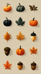 Vibrant autumn collection featuring pumpkins, leaves, and acorns in rich colors on a textured background
