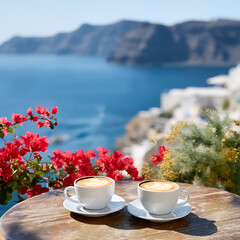Two cups of coffee on the table with beautiful view on see