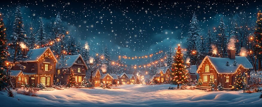 Cozy winter village scene decorated with sparkling lights during a beautiful snowfall