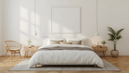 Serene Minimalist Bedroom Interior:  White Bed, Wooden Accents, and Large Blank Canvas Above.