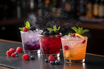 Three colorful berry cocktails garnished with mint and fruit on a bar counter