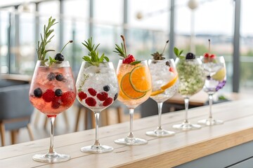 A row of refreshing fruit infused gin cocktails on a bar