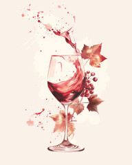 Minimalist watercolor wine festival scene with red wine splash and grapevine elements on white background