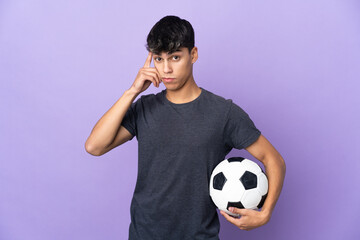 Young football player man over isolated purple background thinking an idea