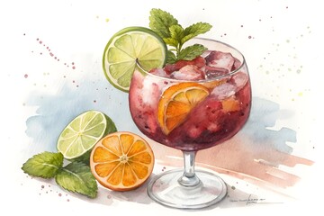 Refreshing watercolor sangria cocktail with citrus and mint garnish