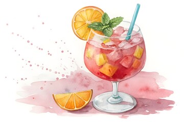 Refreshing watercolor illustration of a fruity cocktail with orange slices and mint