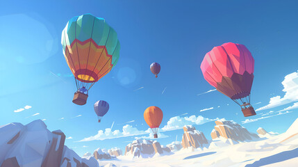 Obraz premium Colorful hot air balloons floating over a snowy landscape against a clear blue sky backdrop view
