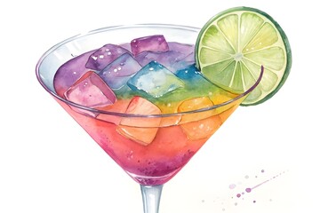 Vibrant rainbow martini cocktail with lime garnish watercolor illustration