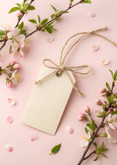 Obraz premium Pink floral decoration on a blank card with a vintage border, perfect for wedding invitations or birthday greetings