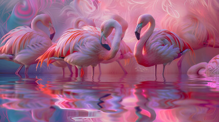 A group of flamingos standing in water with pink and purple reflections creating a dreamy atmosphere