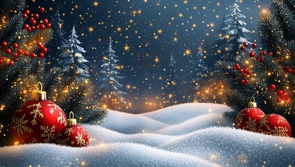 Festive winter scene featuring christmas ornaments fir trees and sparkling snowflakes
