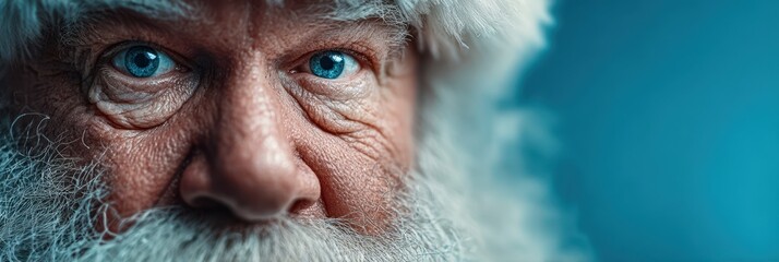 Festive adult man with a white beard and blue eyes capturing the spirit of joy during the holiday season