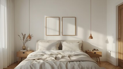 Serene Minimalist Bedroom Mockup:  Neutral Tones, Natural Light, Wooden Accents, and Blank Frames for Design.