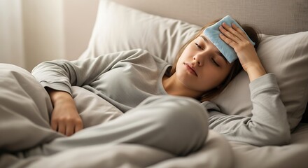 Sick Woman Resting in Bed with Compress on Forehead for Fever Relief and Comfort