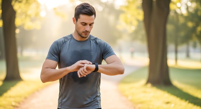 Man Checking Smartwatch After Jogging in the Park Monitoring Fitness Progress on a Bright Morning - Powered by Adobe