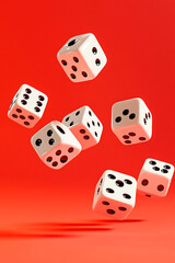 Falling dice in mid-air against a vibrant red background, creating a dynamic gaming atmosphere