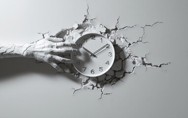 A broken white clock against a white background, representing the concept of time. This stock photo offers ample space for text, making it suitable for web banner design.