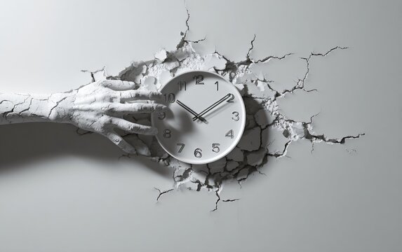 A broken white clock against a white background, representing the concept of time. This stock photo offers ample space for text, making it suitable for web banner design. - Powered by Adobe