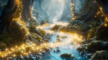 Enchanted stream flowing through a magical forest illuminated by glowing fairy lights at twilight hour