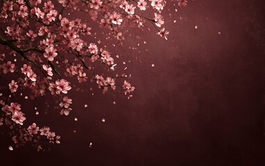 A dark red background with cherry blossoms in the foreground, creating an enchanting and romantic atmosphere. The flowers gently fall from above. 
