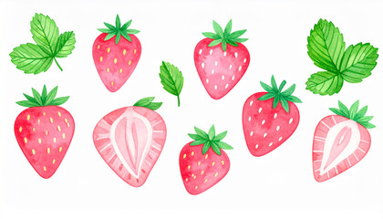 Fototapeta premium Watercolor painting of ripe strawberry set. Tasty and juicy berry. Hand drawn art. Isolated on white