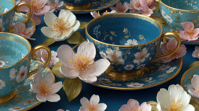 Ornate teal teacups adorned with floral patterns and gold trim saucers
