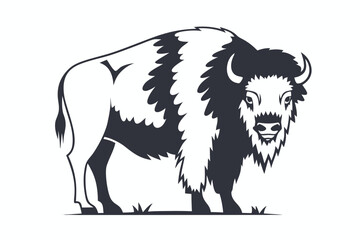 Bison with heavy fur stands powerfully, rendered in simple, bold monochrome lines