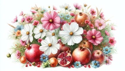Cosmos Flowers and Pomegranates Watercolor Botanical Still Life Art