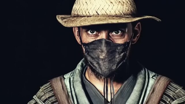 Intense Portrait: Mysterious Man with Mask and Straw Hat on a Dark Background