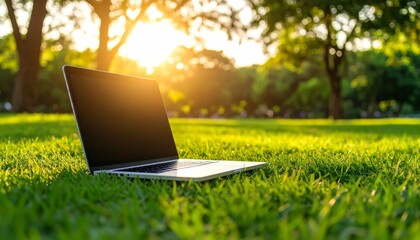Laptop sits idyllically in vibrant grass
