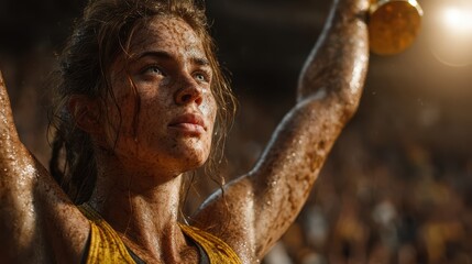 Champion athlete celebrates victory after intense competition in muddy outdoor venue during late afternoon sunlight