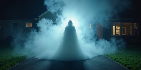 Mystery and supernatural presence concept with ghostly figure in misty smoke on suburban house driveway at night