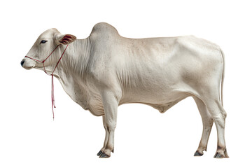 A large white bull stands against a black background.