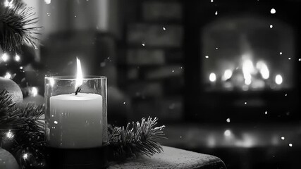Elegant monochrome holiday scene with candle and fireplace ambiance background