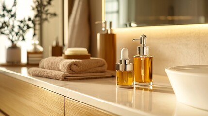 Fototapeta premium Luxurious Bathroom Still Life: Skincare Products, Towels, and Serene Ambiance.