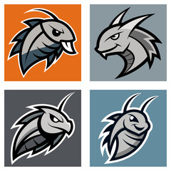 Fototapeta premium Four stylized insect or creature logos with different expressions and background colors in a square grid