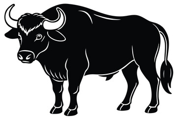 Silhouette of a strong bull with curved horns stands isolated against white background