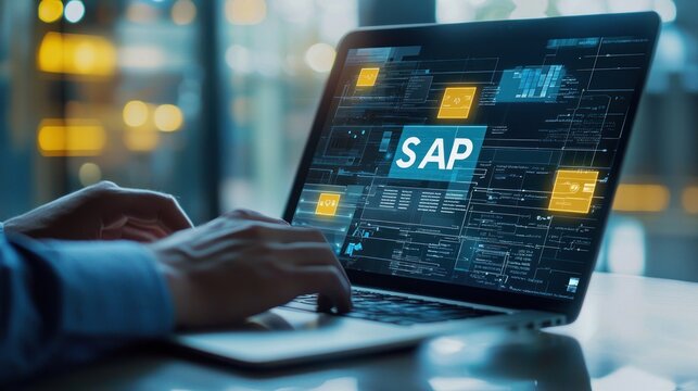 Person working on laptop with sap software displayed