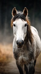 Fototapeta premium Beautiful gray horse standing in a misty field at dawn surrounded by nature