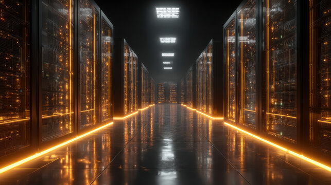 Server room with glowing orange lights and reflective floor data center