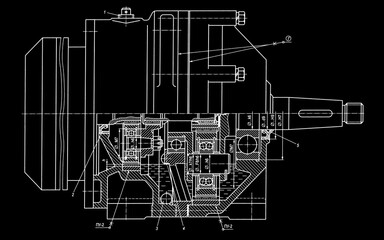 Engineering mechanical drawing of steel devices
- worm gear (reducer, gearbox, engine)
with dimension lines. Industrial 
cad scheme on paper sheet. Technology background
of machine building industry.