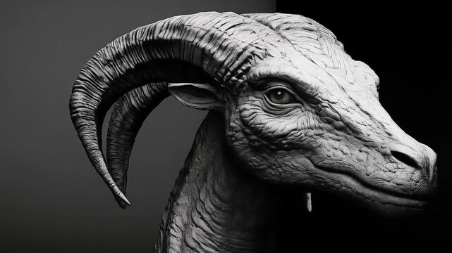 Monochromatic Render of a Ram Head Displaying Intricate Horn and Facial Texture