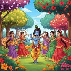 Naklejka premium Cartoon Krishna Dancing with Gopis – Cute HD Janmashtami Illustration for Kids