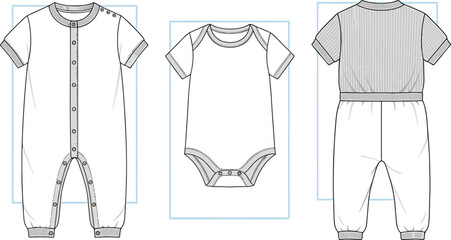 Baby romper and onesie fashion template, CAD drawing, technical sketch, vector illustration, front and back views, garment design details