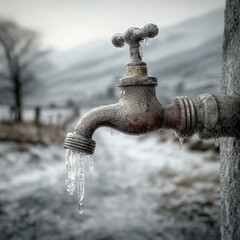 Photo of an old faucet covered in ice and icicles in a cold winter scene