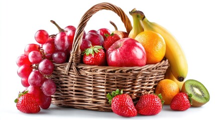 Wicker Basket Filled with Fresh Fruit on White Background